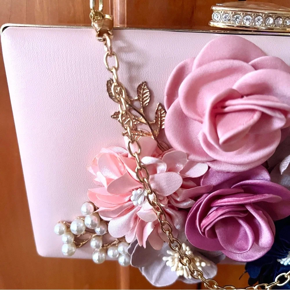 Elegant Floral & Pearl & Crystal Embellished Evening Clutch & Crossbody Bag